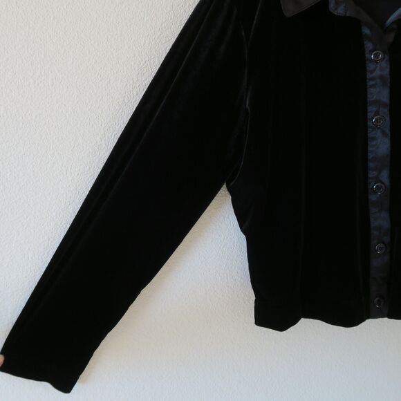Vtg SAG HARBOR Black Velour Button Down Size LP Boxy Satin Trim Long Sleeve 90s - Picture 4 of 8